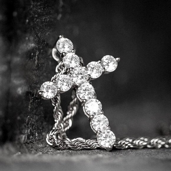 Small White Gold Plated Iced Cz Micro Cross Pendant And Rope Chain Necklace - Picture 1 of 5